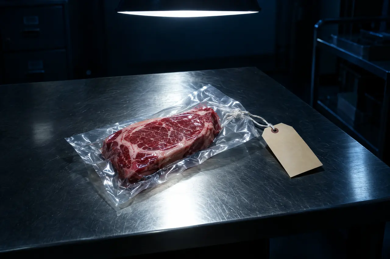 KI-Symbolbild: vakuumiertes Steak in einem Beweisbeutel mit leerem Anhänger auf einem Edelstahltisch