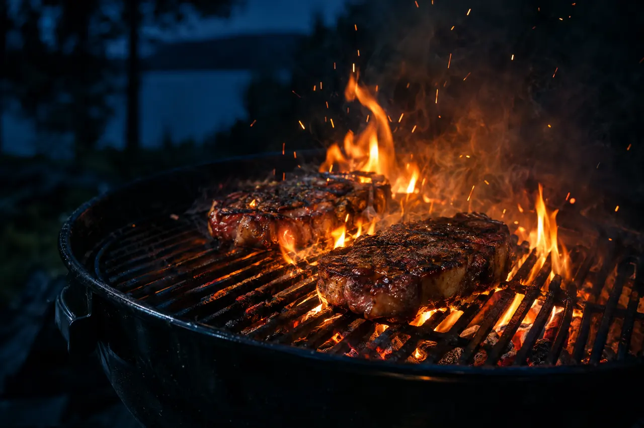 KI-Symbolbild: zwei Steaks über hohen Flammen auf einem Kugelgrill am Abend