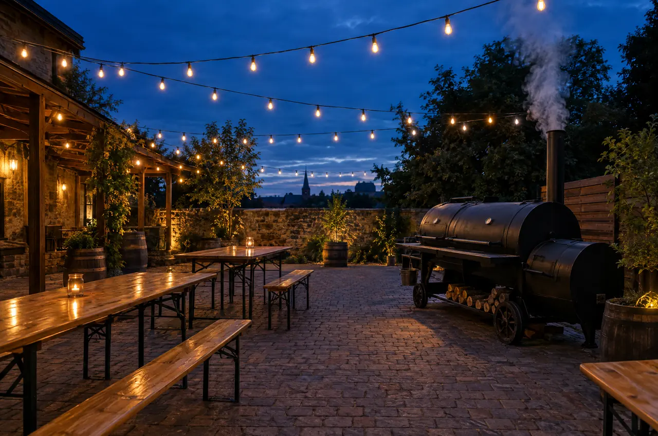 KI-Symbolbild: Hof am Abend mit Lichterketten, Biertischen und einem großen Smoker