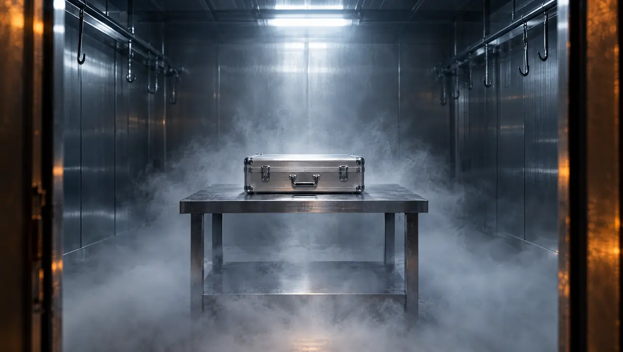 KI-Symbolbild: geschlossener Alukoffer auf einem Edelstahltisch im Kühlraum, Nebel am Boden