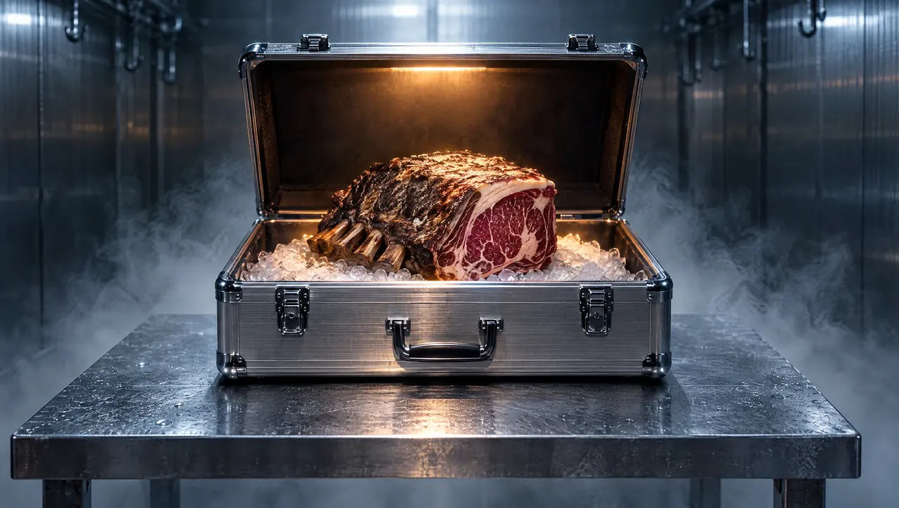 KI-Symbolbild: offener Alukoffer, darin ein Dry-Aged-Rinderrücken auf Eis im warmen Licht