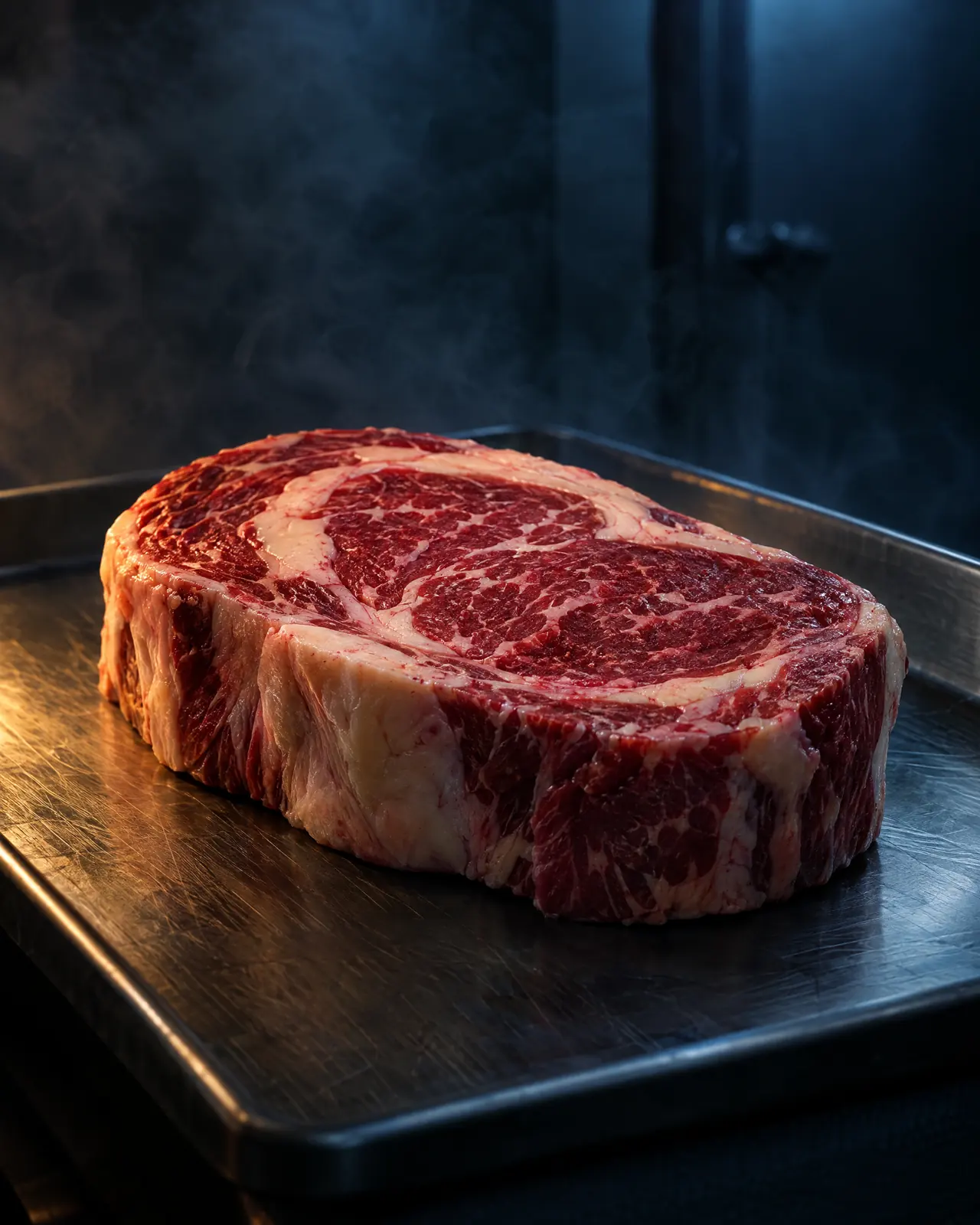 KI-Symbolbild: rohes Ribeye-Steak vom Angus-Rind mit Fettauge auf einem Edelstahlblech