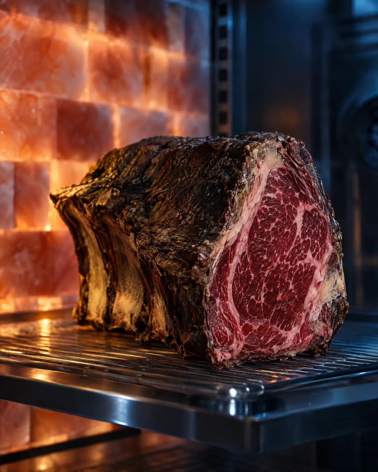 KI-Symbolbild: Dry-Aged-Rinderrücken mit dunkler Kruste vor einer beleuchteten Salzsteinwand