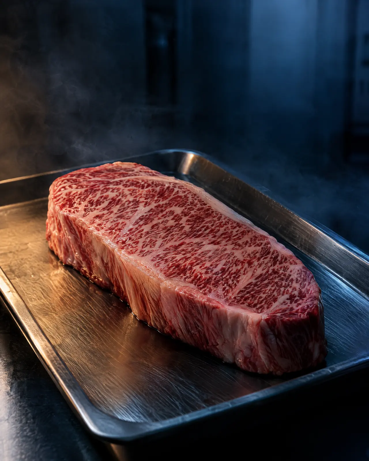 KI-Symbolbild: rohes Wagyu-Steak mit dichter, feiner Marmorierung auf einem Edelstahlblech