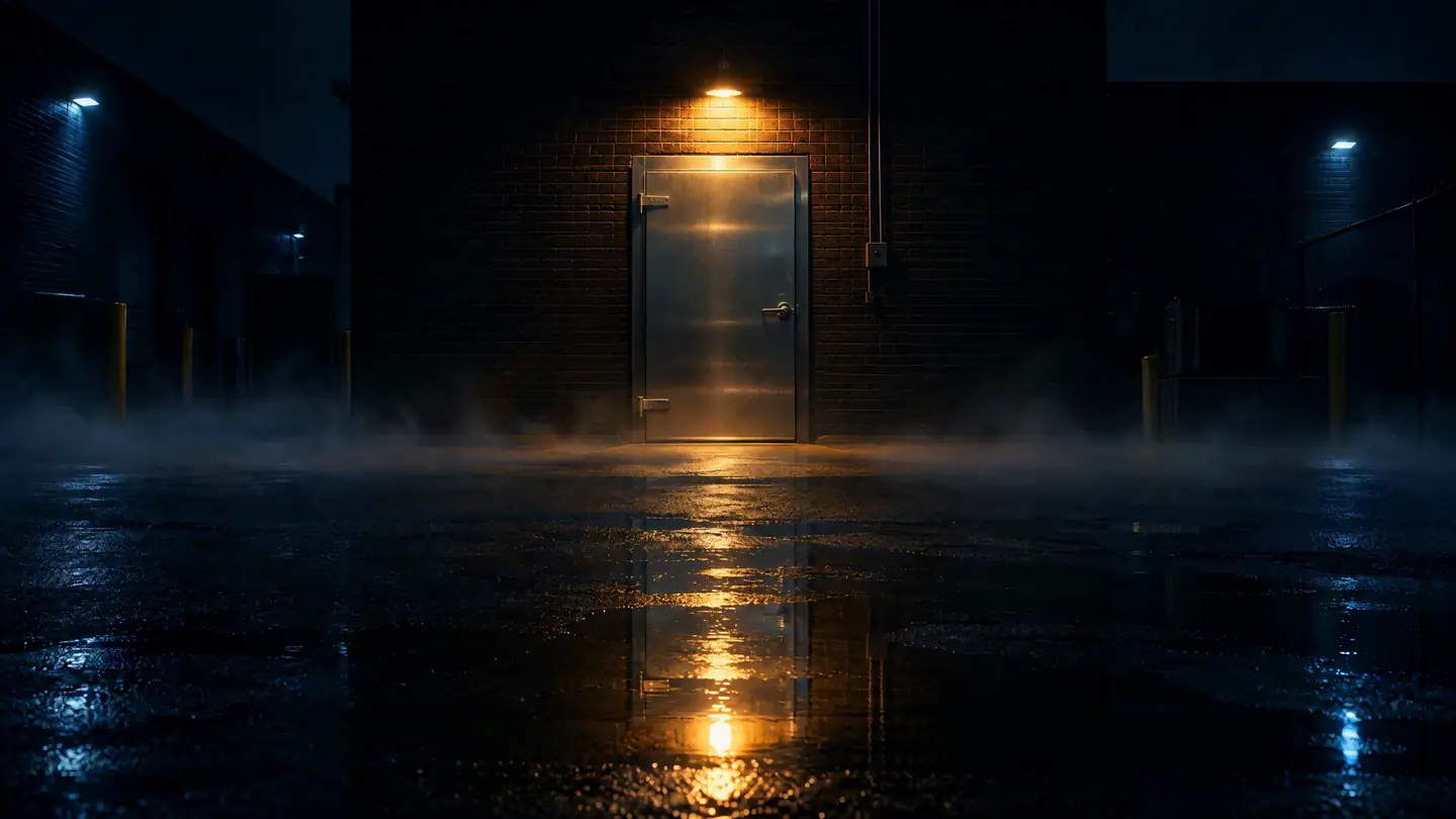 KI-Symbolbild: Nachts in einem Gewerbehof, eine Kühlhaustür unter einer Lampe, Nebel über dem nassen Asphalt